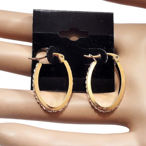 1 Inch Long Crystal Channel Hoops Gold Tone 25mm Pierced Oval - Picture 1 of 3